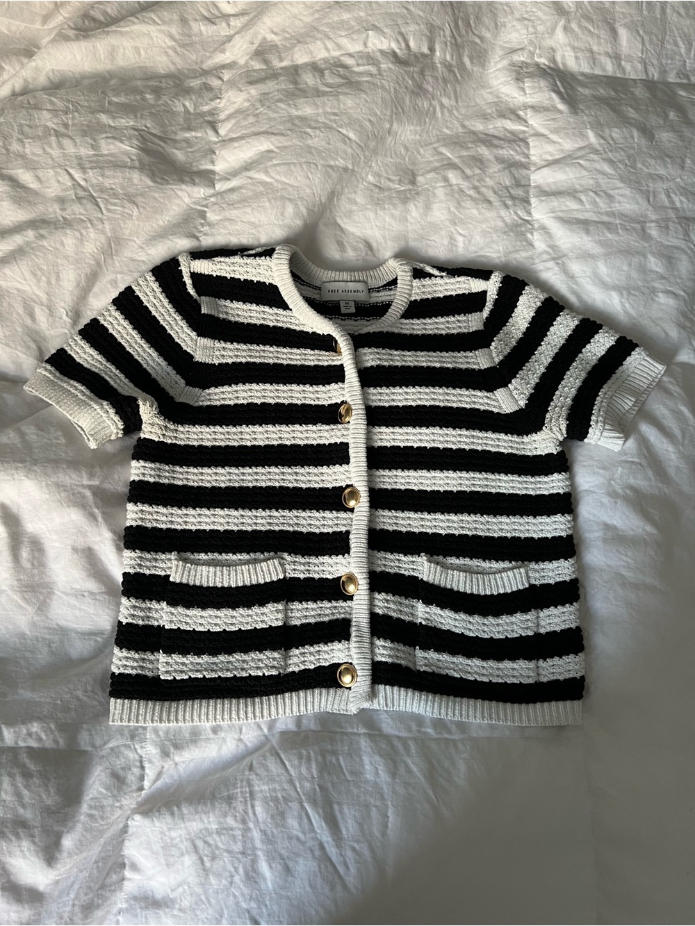 Black & White Striped Short-Sleeve Cardigan with Gold Buttons